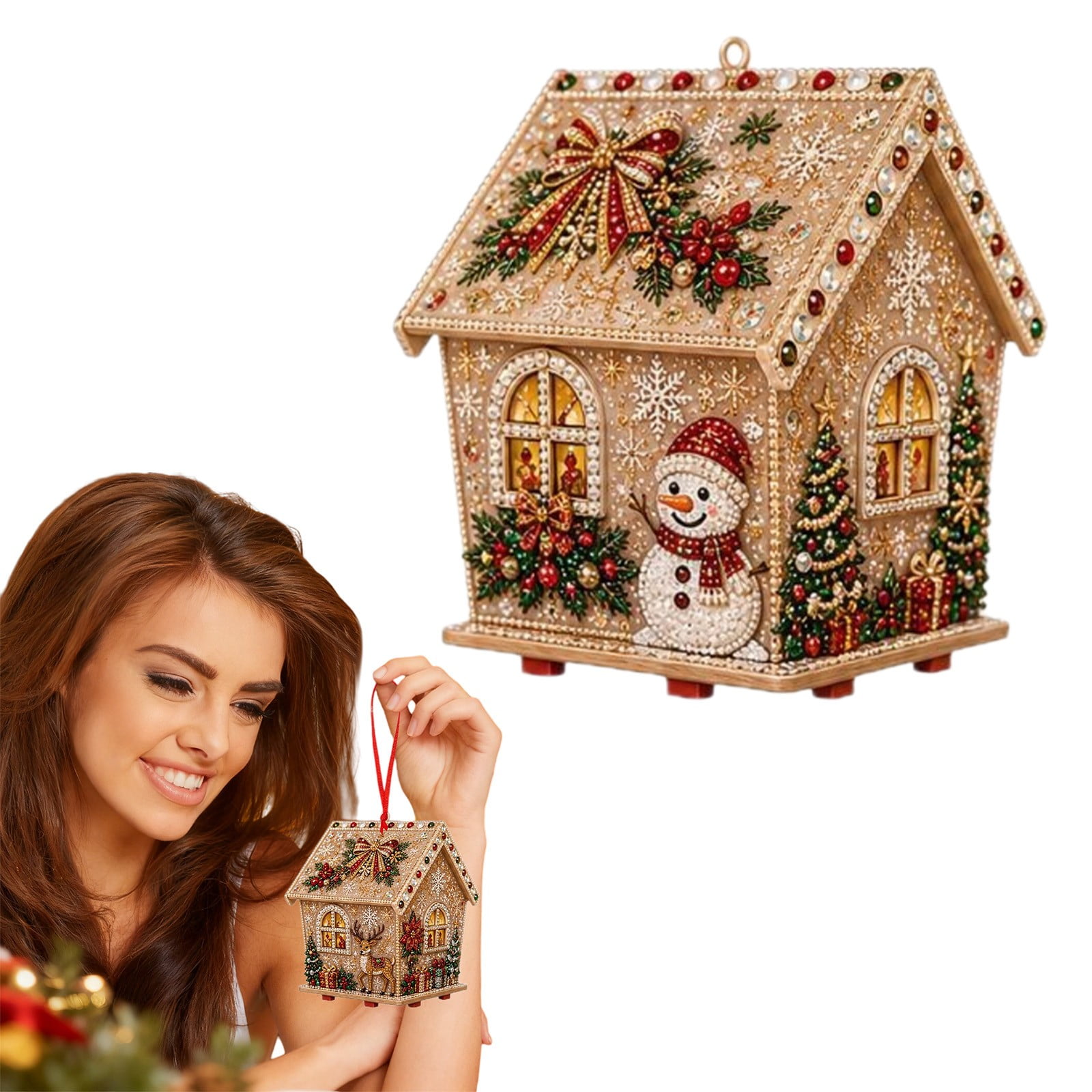 DIY Christmas House Ornament Kit Wooden House Hanging Decor Set Holiday Cabin Building Craft Supplies Xmas House Pendant Kit Assemble Winter Cottage Decor Christmas Tree Hanging Craft Pack