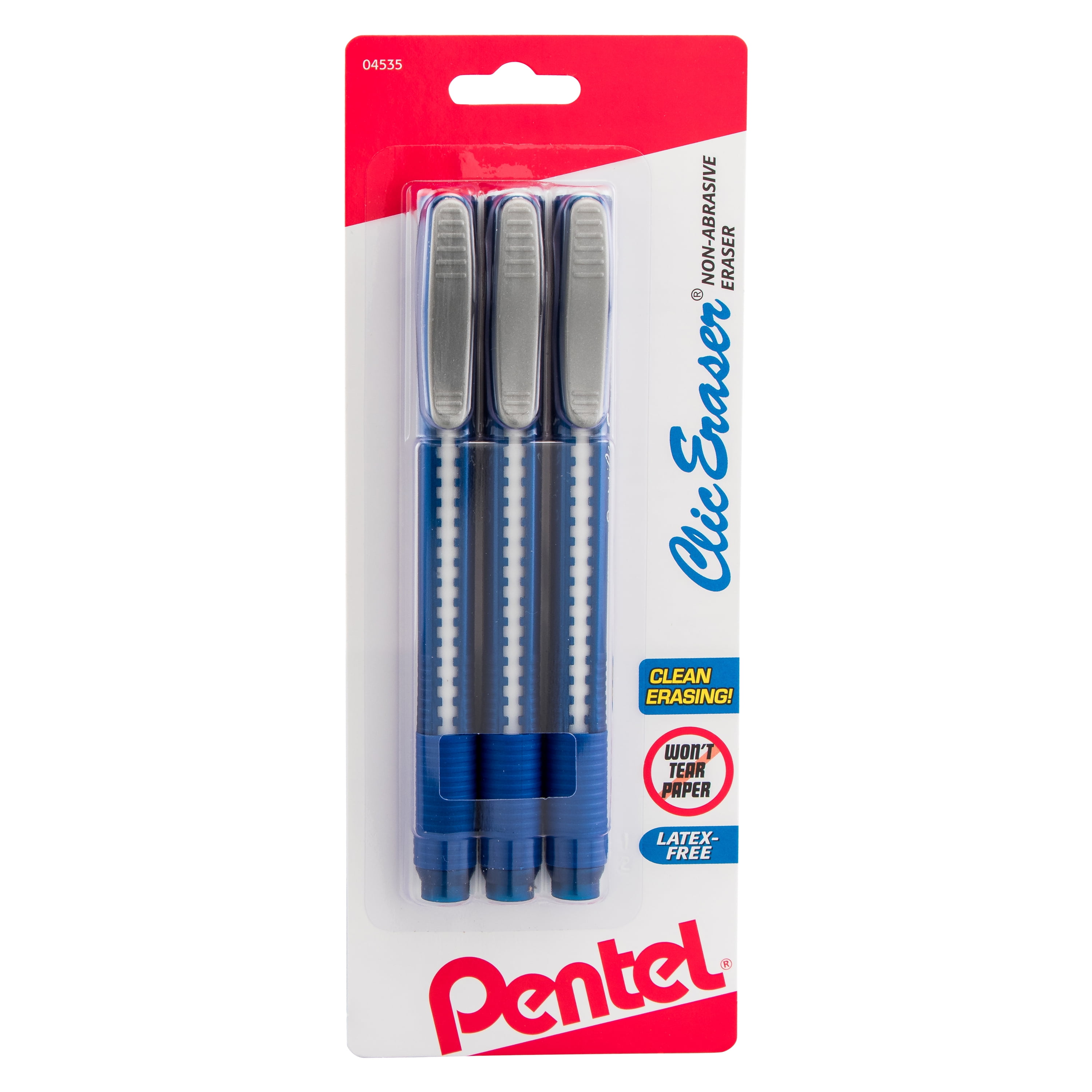 Clic EraserTM 3 Pack Blue or Black Barrel Pen Style Erasers