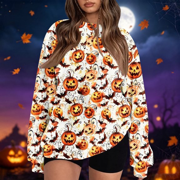 Halloween Tops for Women Pumpkin Graphic Crew Neck Long Sleeve Fashion Funny Party Pullover Top Multicolor 01 L