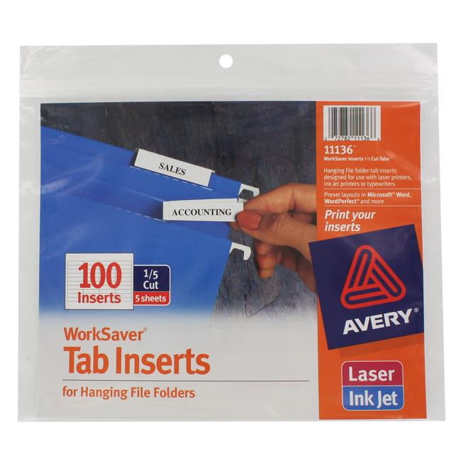 100/Pack White Avery 11136 Printable Inserts for Hanging File Folders 1/5 Tab Two 