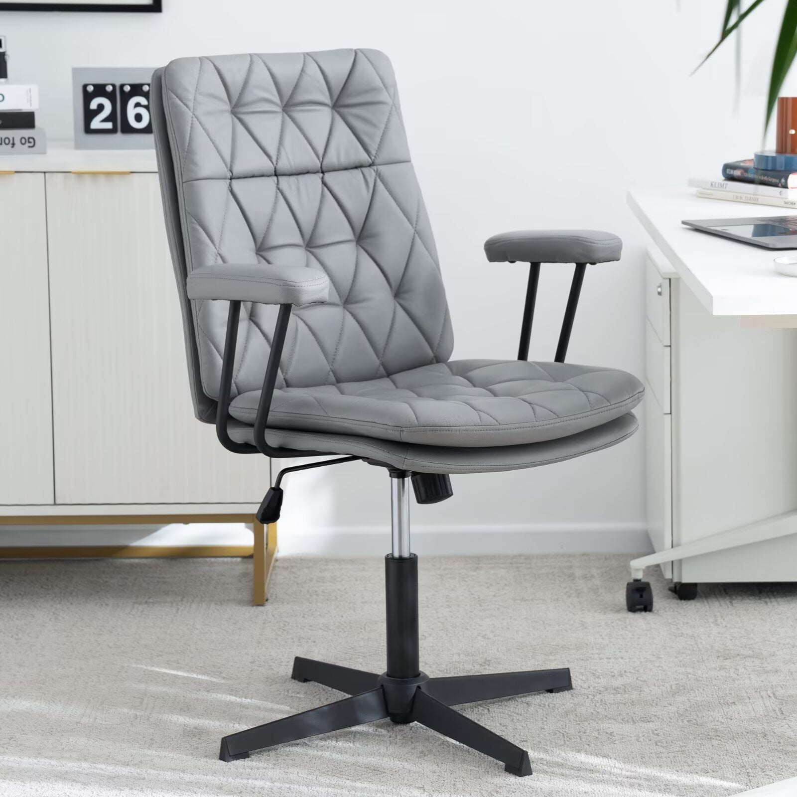 EYYTHUNG Home Desk Chair with Arms, Adjustable Stationary Ergonomic Office Swivel Working Computer Chair with Soft Cushion No Wheels, Grey