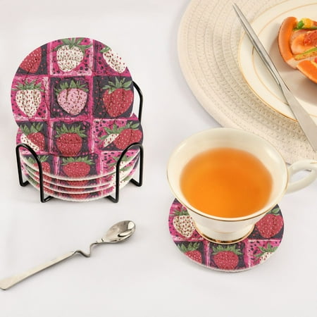 

BZSMCE 6Pcs Drink Coasters With Holder 3.94Inch Strawberry Creative Coil Coaster Coasters Colors Absorbent Coasters for Drinks Coasters Set Thicken Heat for Home Table