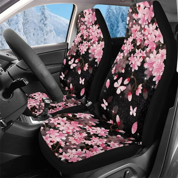 Garronmavis Cherry Blossom Fluffy Car Seat Covers Full Set of 2 Vehicle Bucket Seat Covers High Back Stretchy Front Seats Cover Car Decor Accessories