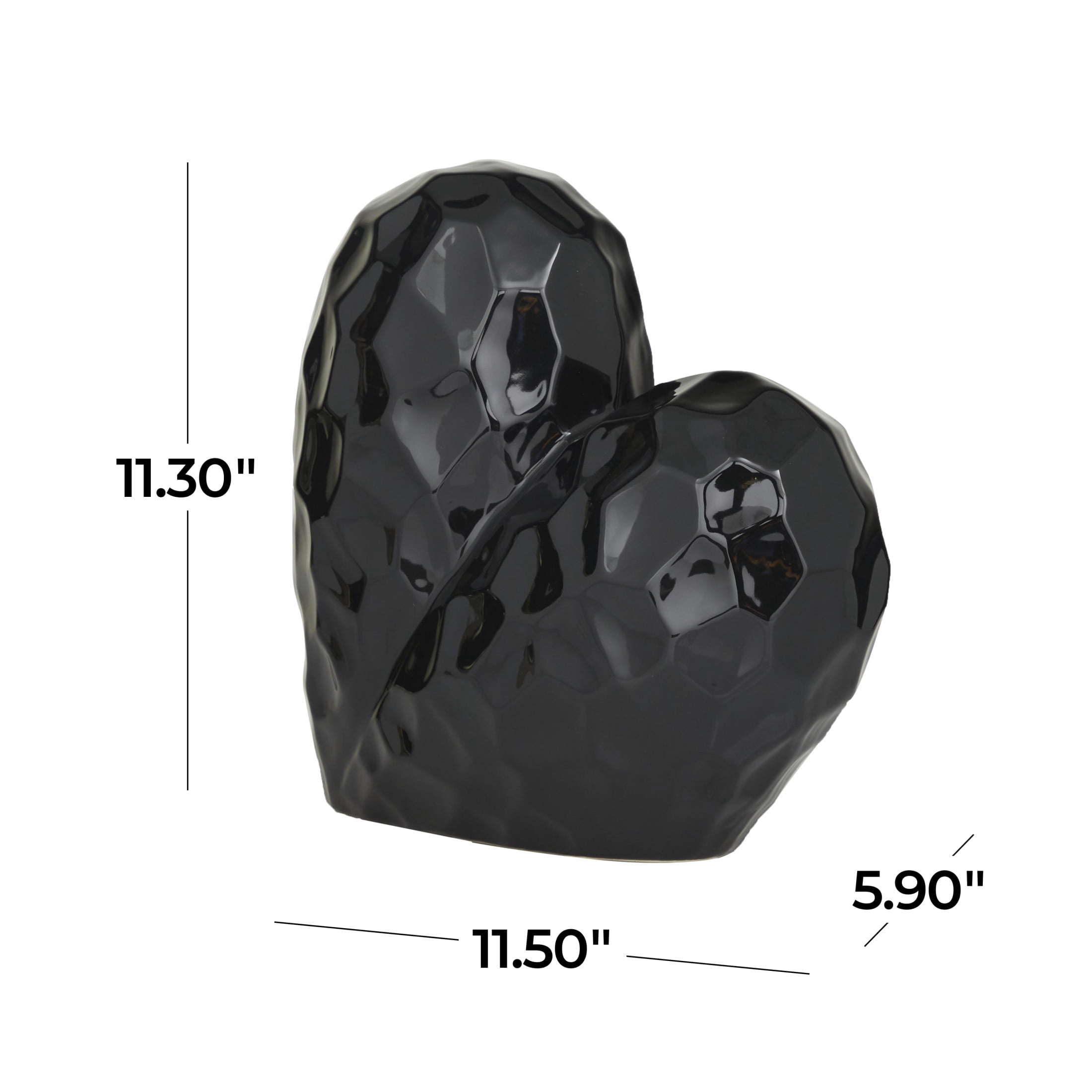 12" x 11" Black Porcelain Ceramic Dimensional Angled Origami Inspired Heart Sculpture with Faceted Exterior, by DecMode