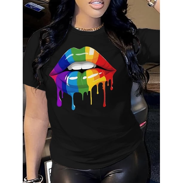 Vibrant Lip Print Short Sleeve Crew Neck T-shirt - Colorful Summer and Spring Casual Top for Women, Crew Neck Design, Short Sleeve, Relaxed Fit, Women's Clothing Tee For Adult, Men, Women, Teen, Teen