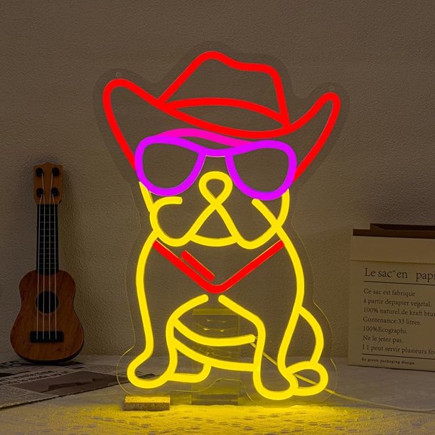 Letrero de neón de bulldog francés, sombrero de vaquero, luz de neón para decoración de pared, letrero de neón LED para perro, luz de neón LED de vaquero, letreros de neón con gafas de sol, luces de