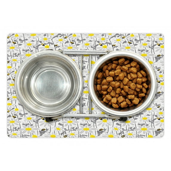 Yellow Pet Mat for Food and Water, Pattern with Bees and Chamomile Daisy Flowers in Flourishing Meadow Nature, Non-Slip Rubber Mat for Dogs and Cats, 18" X 12", by Ambesonne
