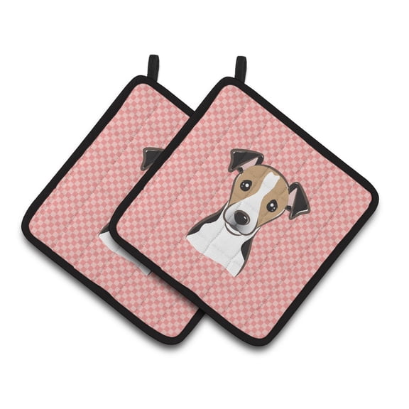 Carolines Treasures BB1261PTHD Checkerboard Pink Jack Russell Terrier Pair of Pot Holders , 7.5HX7.5W, multicolor