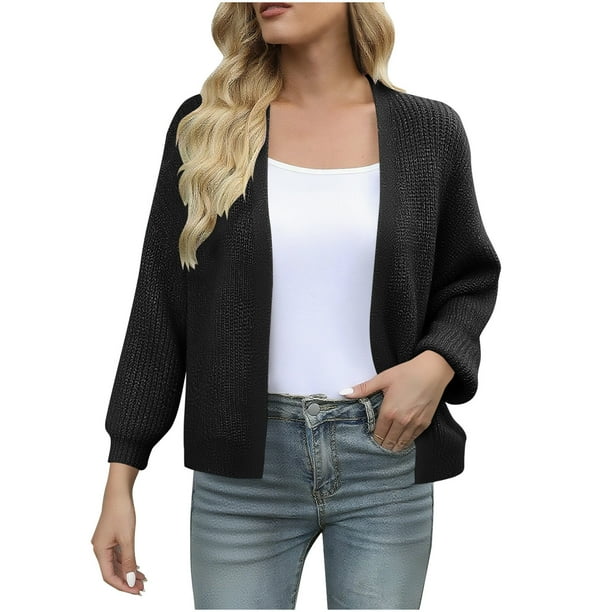 Suéter de cuello en V para mujer, cárdigan de punto grueso con mangas abullonadas y bolsillo estilo invernal, abrigo de poliéster para mujer.