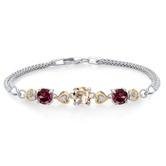925 Sterling Silver and 10k Yellow Gold Peach Morganite Red Rhodolite Garnet and White Lab Grown Diamond Bracelet for Women (3.23 Cttw, Round 7MM and 6MM, 6.5/7/7.5 inch, Made in Italy)