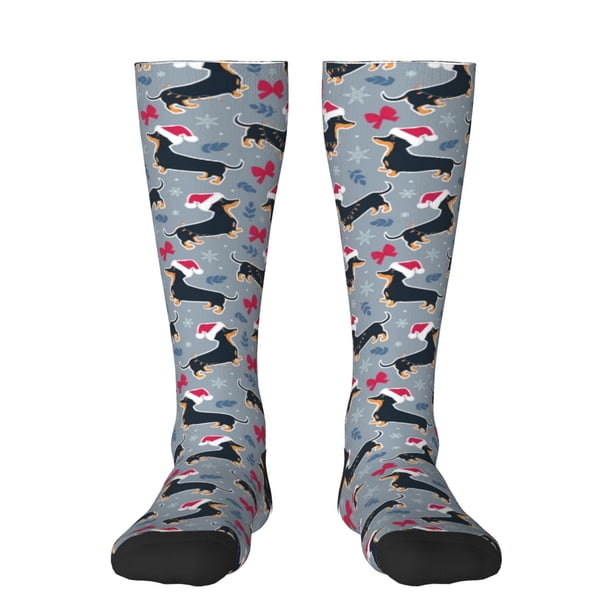 Fotbe Christmas Hat Dachshund Calcetas Divertidas Estampadas para Hombre y Mujer, Calcetas de Algodón hasta la Rodilla para Caminar, Correr, Enfermería y Embarazo