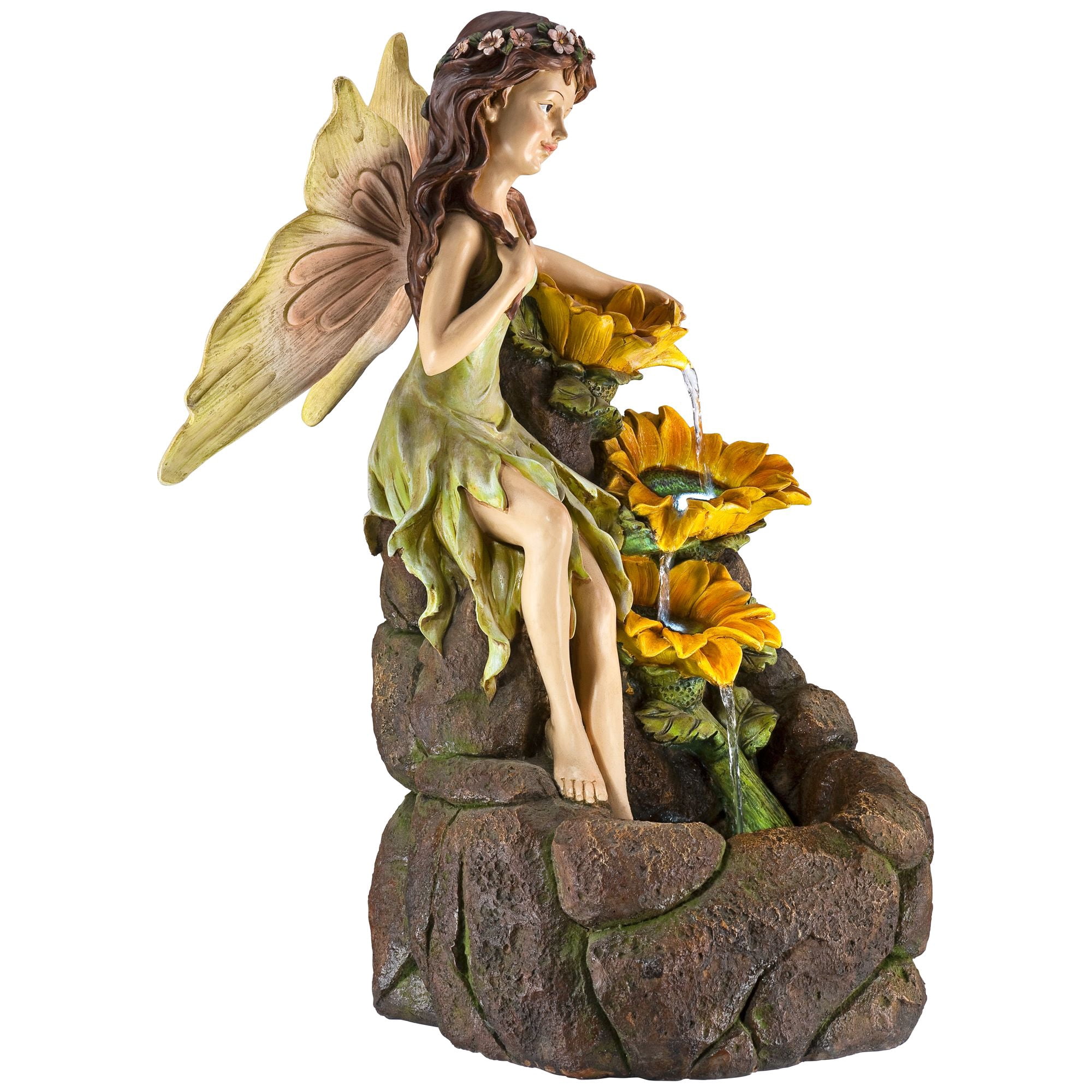 Garden Fairy with Sunflowers 26" High Large Modern Indoor Outdoor Decor Faux Stone Floor Fountain with Light LED