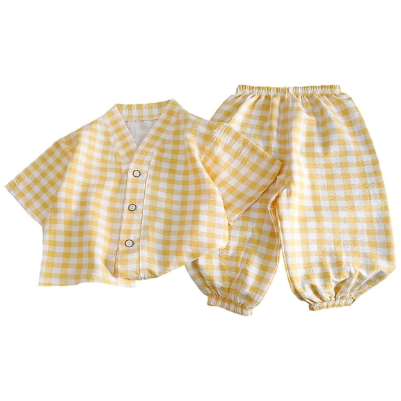 JIAYUE Sleepwear For Kids Lightweight Breathable Short Sleeve V Neck Button Tops And Long Wide Leg Pants Loose Fit Pajamas Casual Loungewear For Leisure Indoor Rest Daily Wear,6-12 Months