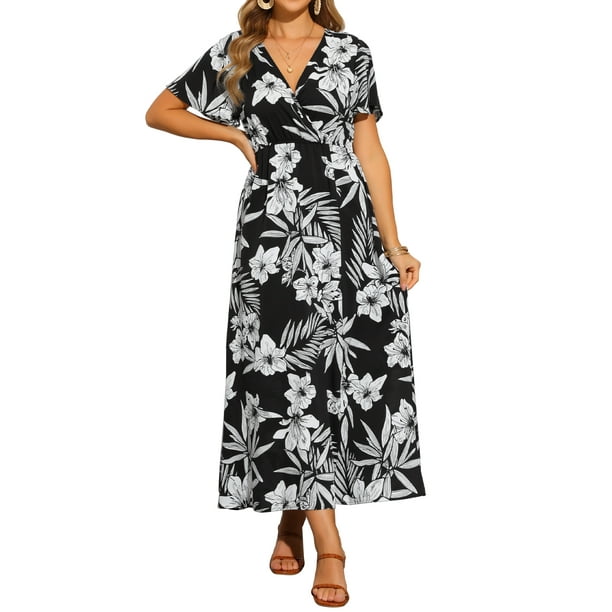 Vestidos Midi Florales de Allegra K para Mujer, Vestido Cruzado con Manga Flutter en V, Talla XS, Negro
