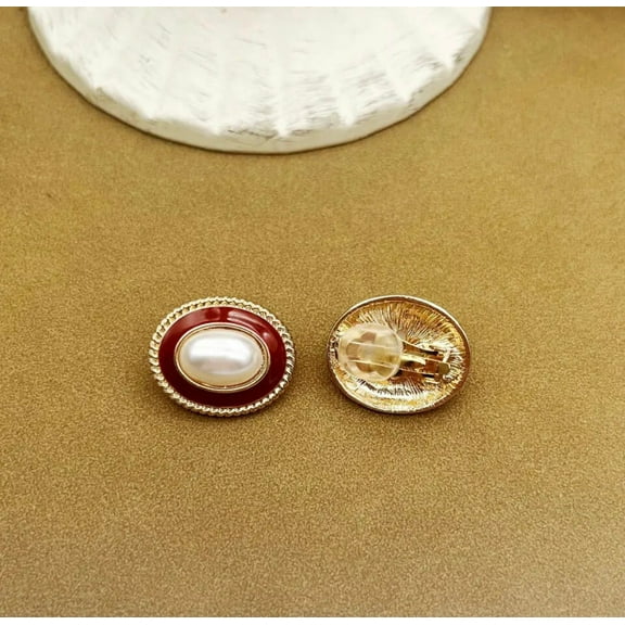 Clip on 1" gold and red, white pearl button style oval earrings