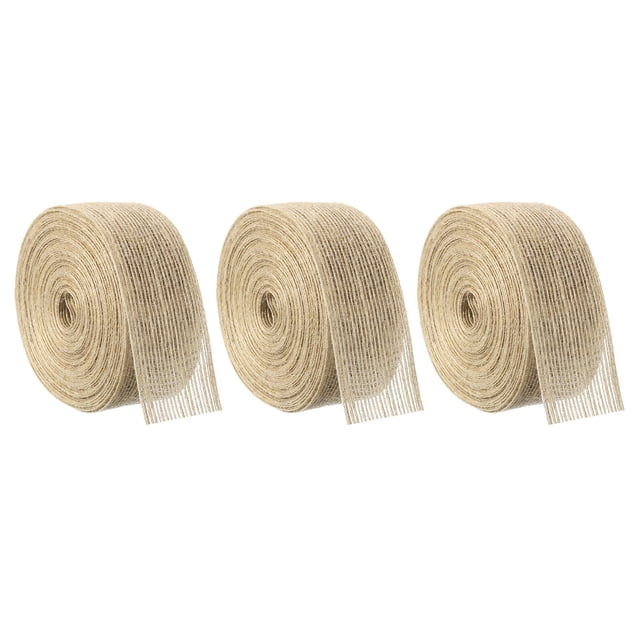 Unique Bargains 3 Rolls Natural Burlap Fabric Ribbon 1-1/2 Inch Burlap Wired Ribbon Rustic Ribbon