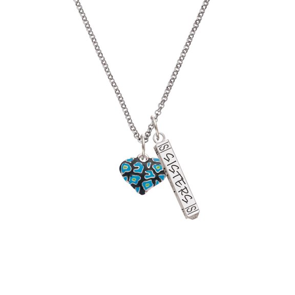 Delight Jewelry Silvertone Hot Blue Cheetah Print Heart Silvertone Sisters Best Friends Forever Bar Charm Necklace, 23"