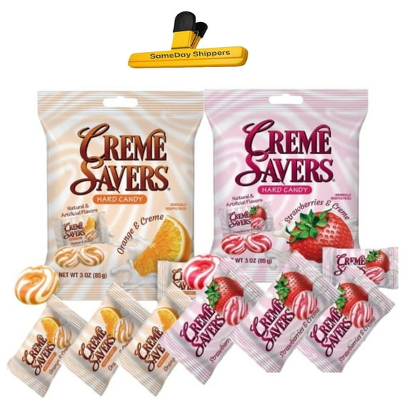 Creme Savers Hard Candy | Original Classic Creamy Delight Individually Wrapped Candies | The Taste of Fresh Strawberries or Orange Swirled in Rich Cream | (2 - Pack, Strawberry and Orange Cream)