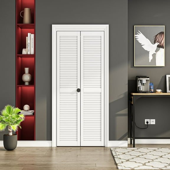 30" X 80"Solid Bifold modern sliding closet Door - White Louver Design Bi-Fold Interior Barn Door With Hardware Kit