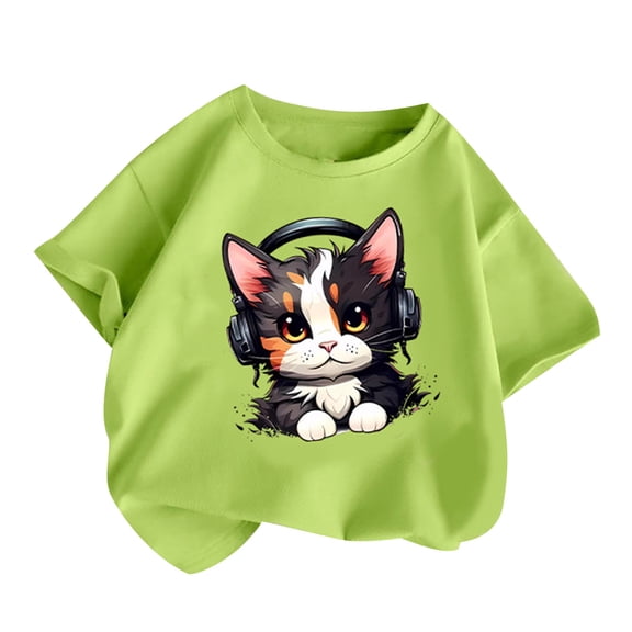 Favoffer Unisex Kids' Summer Multicolor Playful Cat-Graphic T-Shirt & Breathable Round-Neck Short-Sleeve Top for Casual, Picnic, Play, Photoshoot 2-14Y
