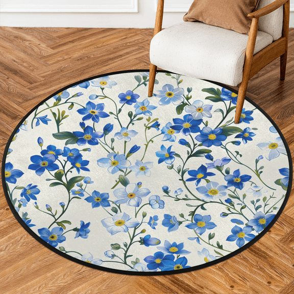 CURLYOOT Round Rug 3ft Wildflower Area Rug, Washable Circle Mat Non Slip Floor Carpet Mat, Blue Floral Plant Soft Indoor Rugs for Entryway Living Room Dining Room Bedroom