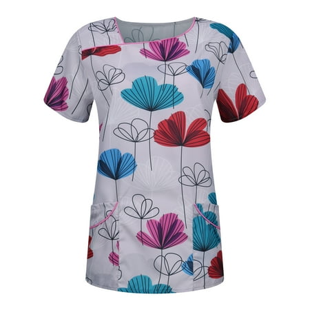 

Sksloeg Scrubs Short Sleeve Crew Neck Flower Printed Shirts Tee Tops With Pockets Shirts Nursing Working Uniform White L
