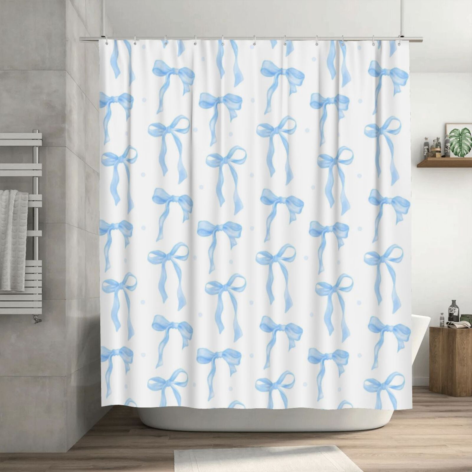 HVEST Blue Bow Shower Curtain with Blue and White Design - Modern Simple Aesthetic Bathroom Decor, Waterproof Polyester Fabric, Includes 12 Hooks, 72x72 Inches