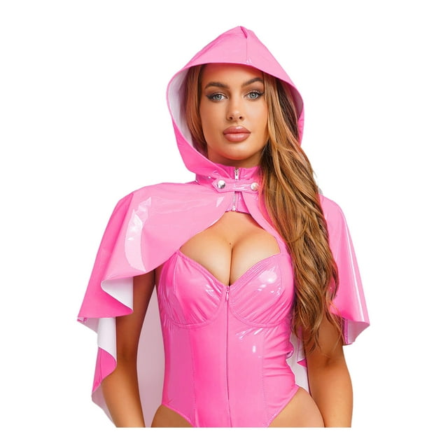Eandarui Womens Shiny Wet Look Hooded Cloak With Front Button Closure For Rave And Party Wear Pink One Size