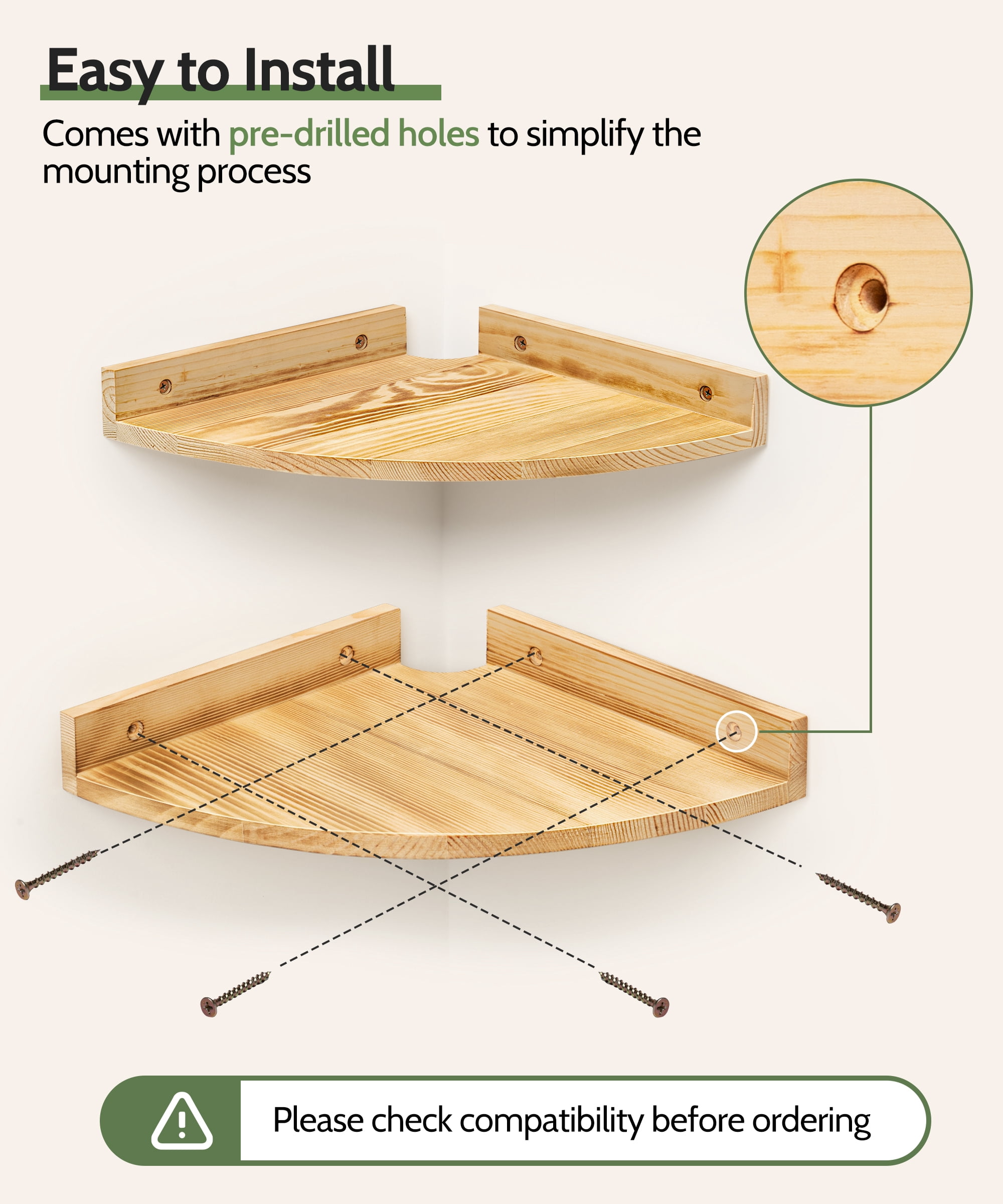 Afuly Floating Corner Shelf for Wall, Large Corner Shelves Solid Pine Wood Wall Mounted Corner Shelf With Cord Hole, 3 Set (10.8In/11.4In/12In)