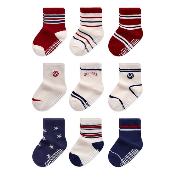 Bearbay Toddler Non Slip Cotton Crew Socks with Anti-slip Dots for Infant Baby Boys Girls 9 Pairs Soccer Pattern Old Glory Red & Blue