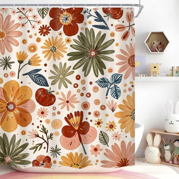 Boho Floral Shower Curtain With Hooks Vintage Botanical Wildflowers Fabric Bathroom Decor 71x71 inches