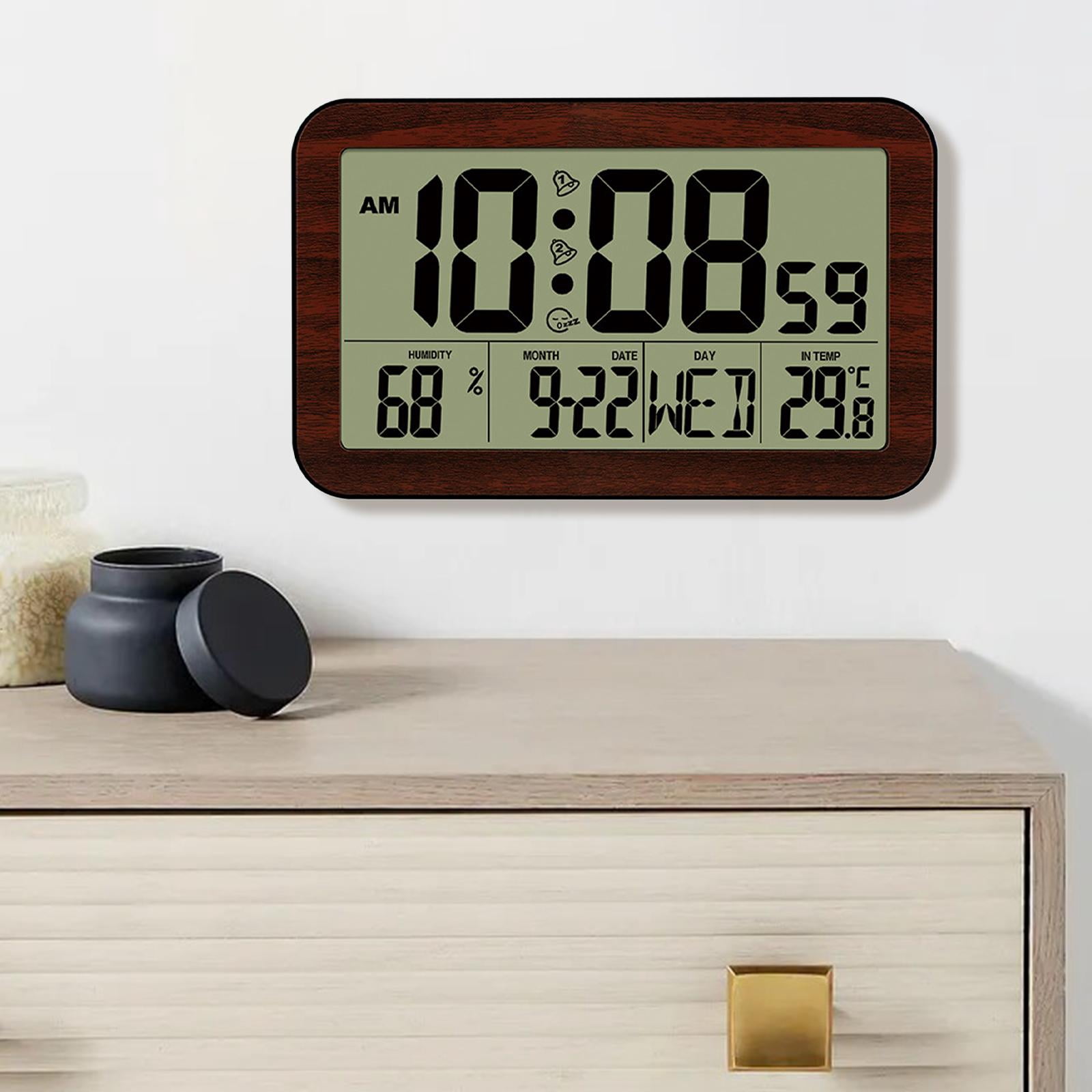 Electronic Digital Clock Battery Powered with Calendar Temperature Clock for Table, Dark Wooden Dark