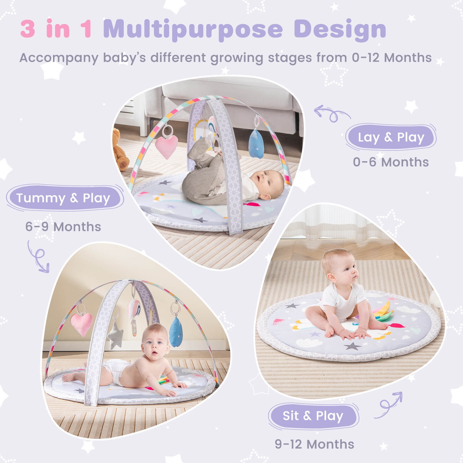 Infans Baby Play Gym Mat Thicker Tummy Time Mat with 5 Detachable Hanging Toys