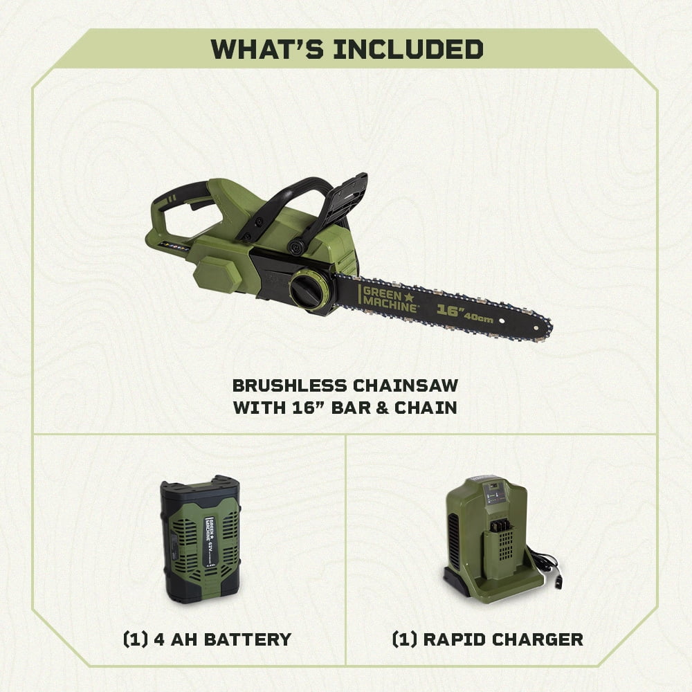 Green Machine 62V Cordless 16" Chainsaw with 4 Ah Battery and Charger