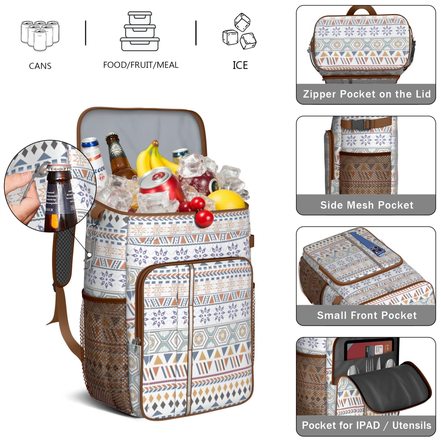 Travel Cooler Bag - Boho Bohemia Pioneer Flower Geometric Line Art Camping Beer Cooler Backpack with Bottle Opener- Waterproof Insulated Picnic Backpacks - Cooler Bag for Beach