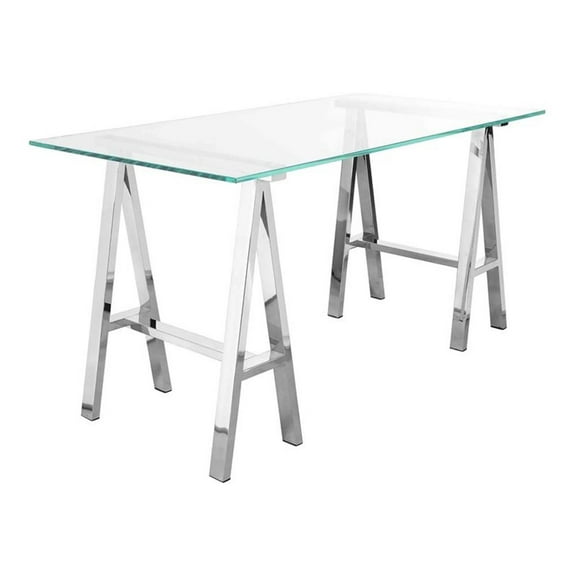 Pemberly Row 55" High Polished Steel Metal and Tempered Glass Desk in Clear