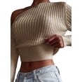 thumbnail image 4 of Seyurigaoka Women Casual Sexy Knitwear, Solid Color Off-the-shoulder Long Sleeve Crop Tops, White/ Black/ Pink/ Khaki, 4 of 6