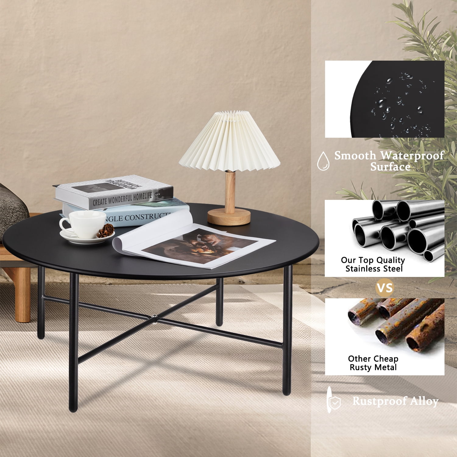 CERBIOR Patio Round Steel Coffee Table, Weather Resistant Anti-Rust and Waterproof Indoor and Outdoor Large Side Table, for Garden Living Room Bedroom Balcony（Black）