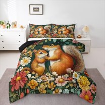 Manfei Tribal Squirrel Animal Queen Comforter Set, Mystic Rustic Groovy Flower Bedding Sets, Teens Kids Child Reversible Bedding Comforter Set, Ultra Soft Home Decor, 3pcs