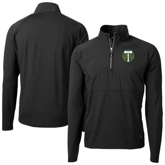 Men's-Cutter & Buck Black/ Portland Timbers Adapt Eco Knit Hybrid Recycled Raglan Quarter-Zip Top
