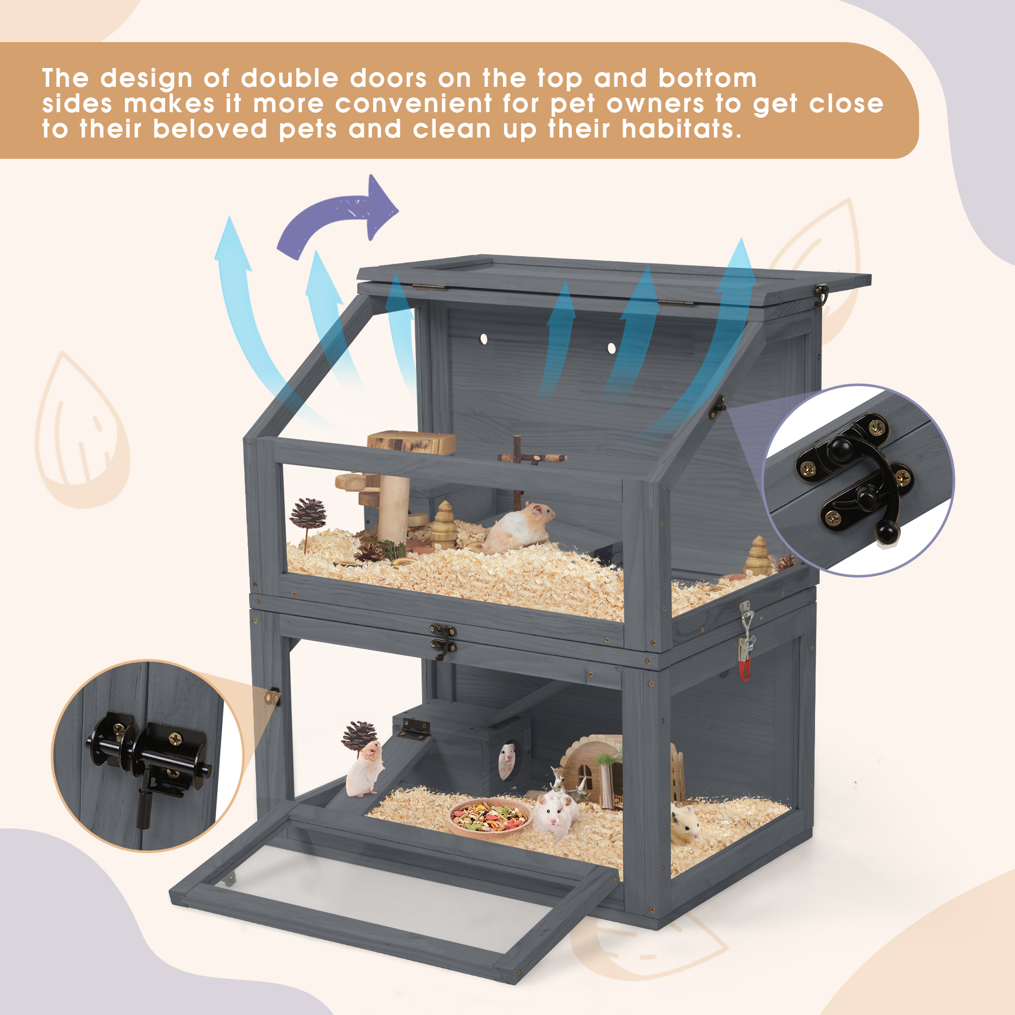 COZIWOW 2-Tiers Wood Hamster Cage with Hideouts, Ramps, Acrylic Window, Door Access for Small Animals, Gray