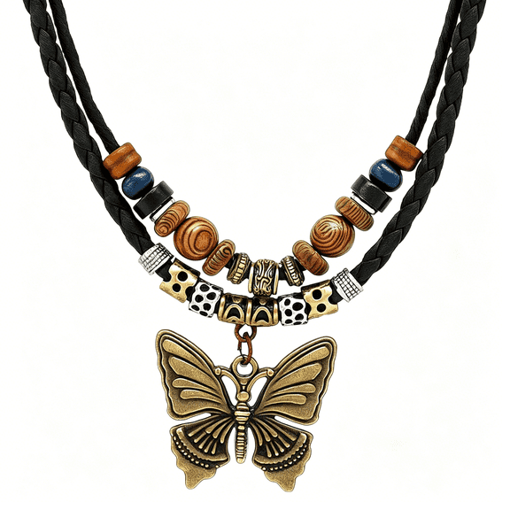 DESIGNICE Boho Necklace for Women,Vintage Butterfly Pendant Necklaces,Adjustable Wooden Beads Layered Braided Choker,Fashion Tribal Style Leather Rope Necklace Jewelry,Chunky Statement Gift for Women