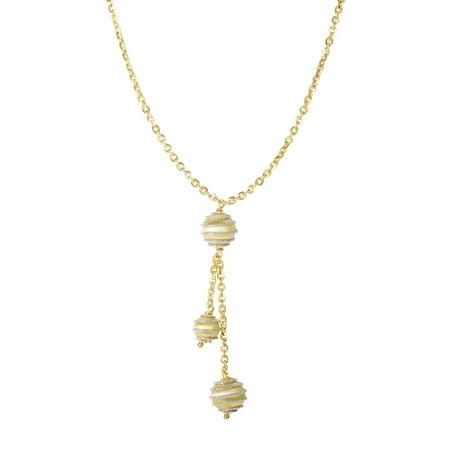 14K Yellow-White Gold 8.7-1.8mm Shiny+Diamond Cut 3 Satin Swirl Hanging Bead On 1.8mm Oval Link Lariat Type Fancy Necklace with Lobster Clasp