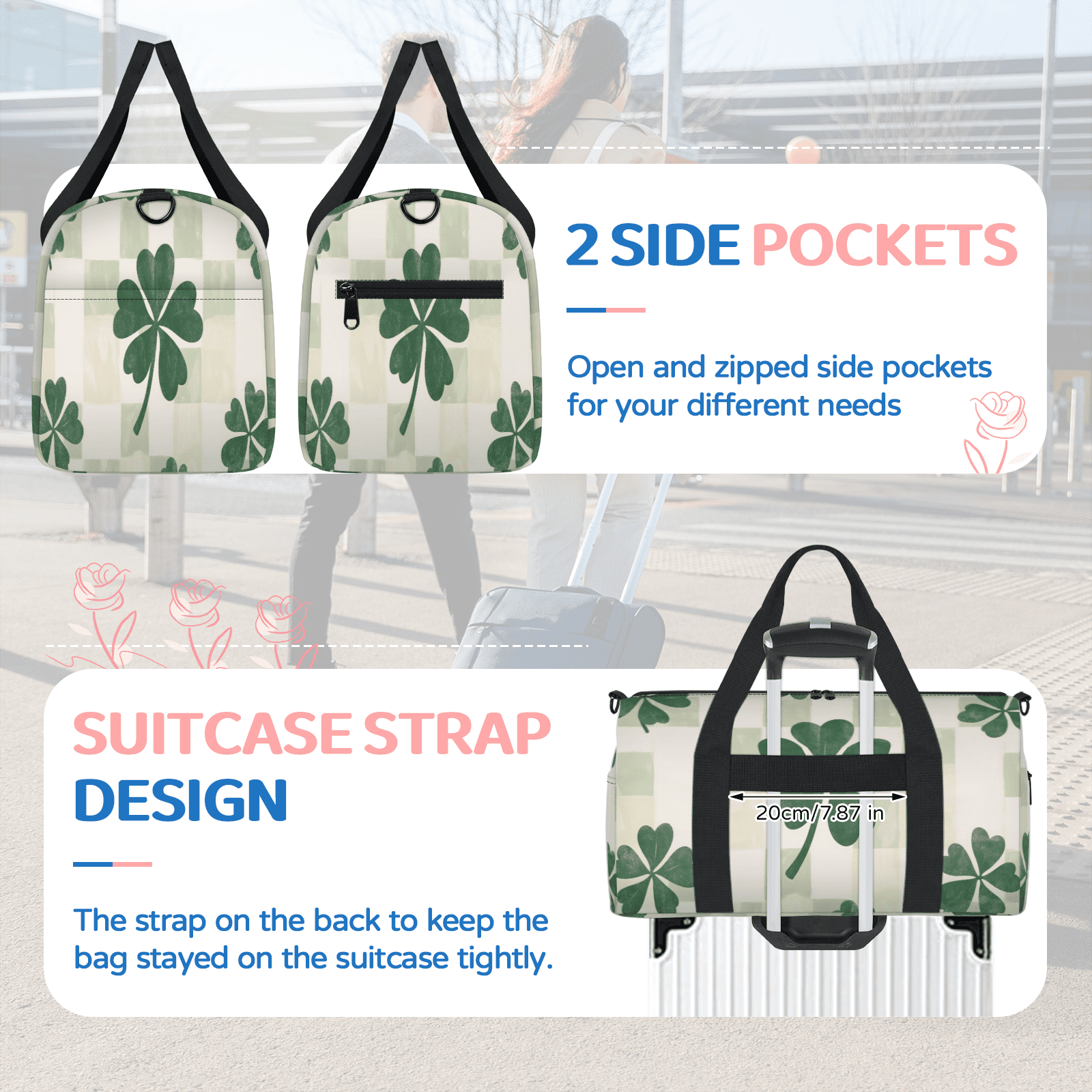 Herdesigns St. Patrick's Day Leaf Clovers Gym Bag for Women, Duffle Bag for Travel Sport, Lightweight Waterproof Carry on Weekender Overnight Dance Yoga Workout Bags