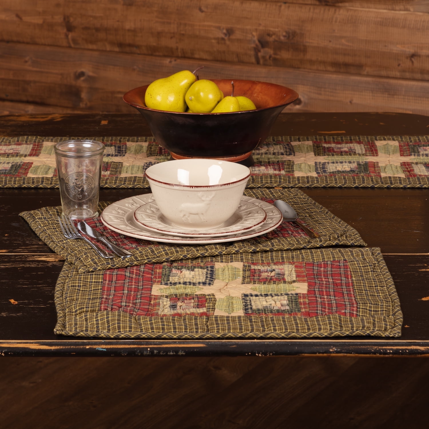 Tea Cabin Rustic 12"x18" Placemat Set of 6 Green Patchwork Cotton Hand Quilted Rectangle Kitchen Table Decor