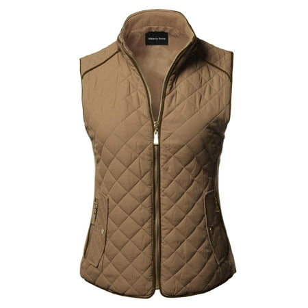- FashionOutfit Women's Casual Quilted Suede Piping Details Gold Zipper Padding Vest