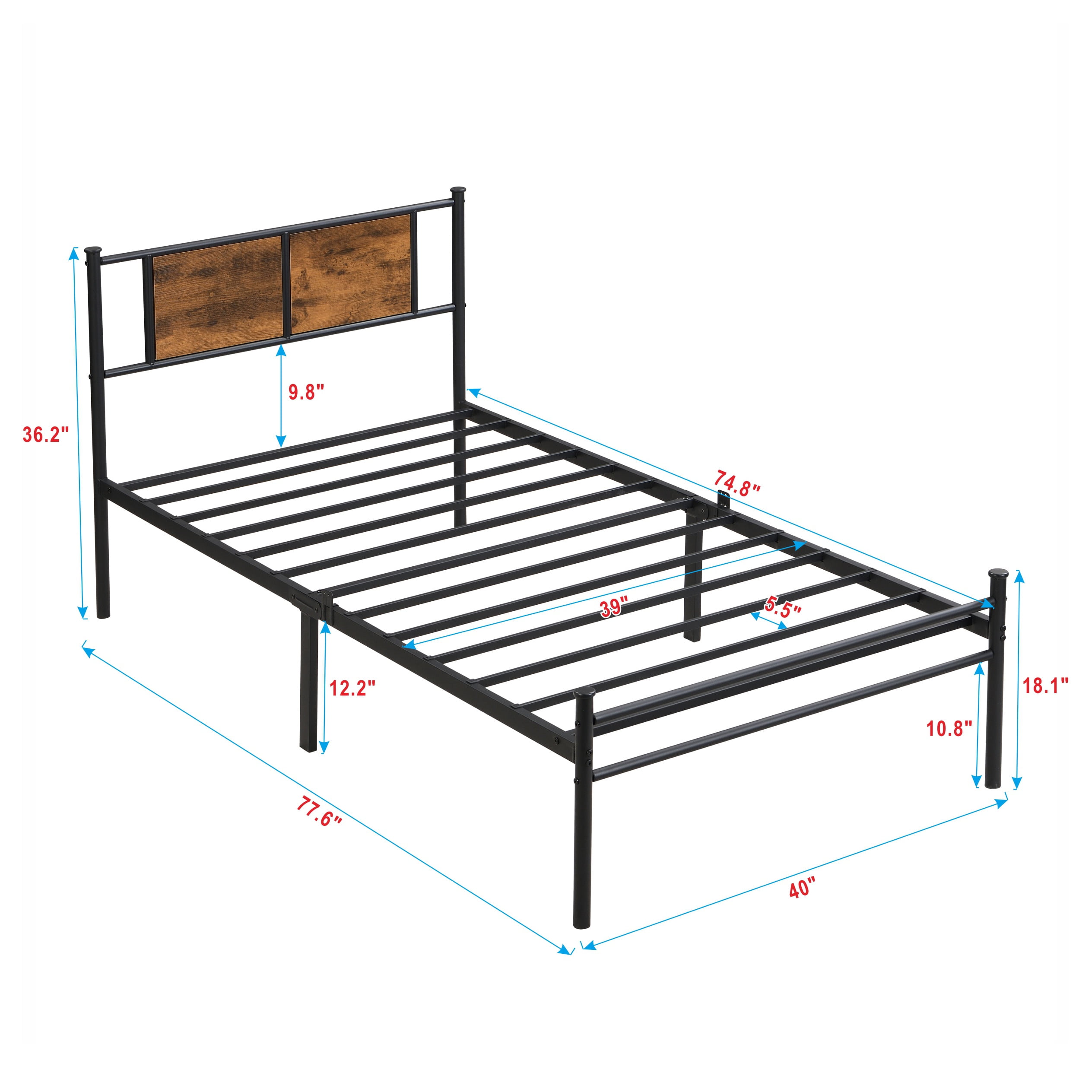 Paproos Twin Bed Frame, Heavy Duty Metal Platform Bed with Wooden Panel Headboard, Metal Twin Bed with Underbed Storage, Twin Size Metal Bed Frame, No Box Spring Needed, Rustic Brown