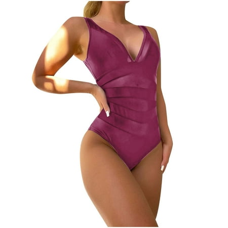 Lopeceal Contrast Mesh One Piece Swimsuit V Neck Solid Color Backless Tummy Control High Cut Bathing Suit Swimwear