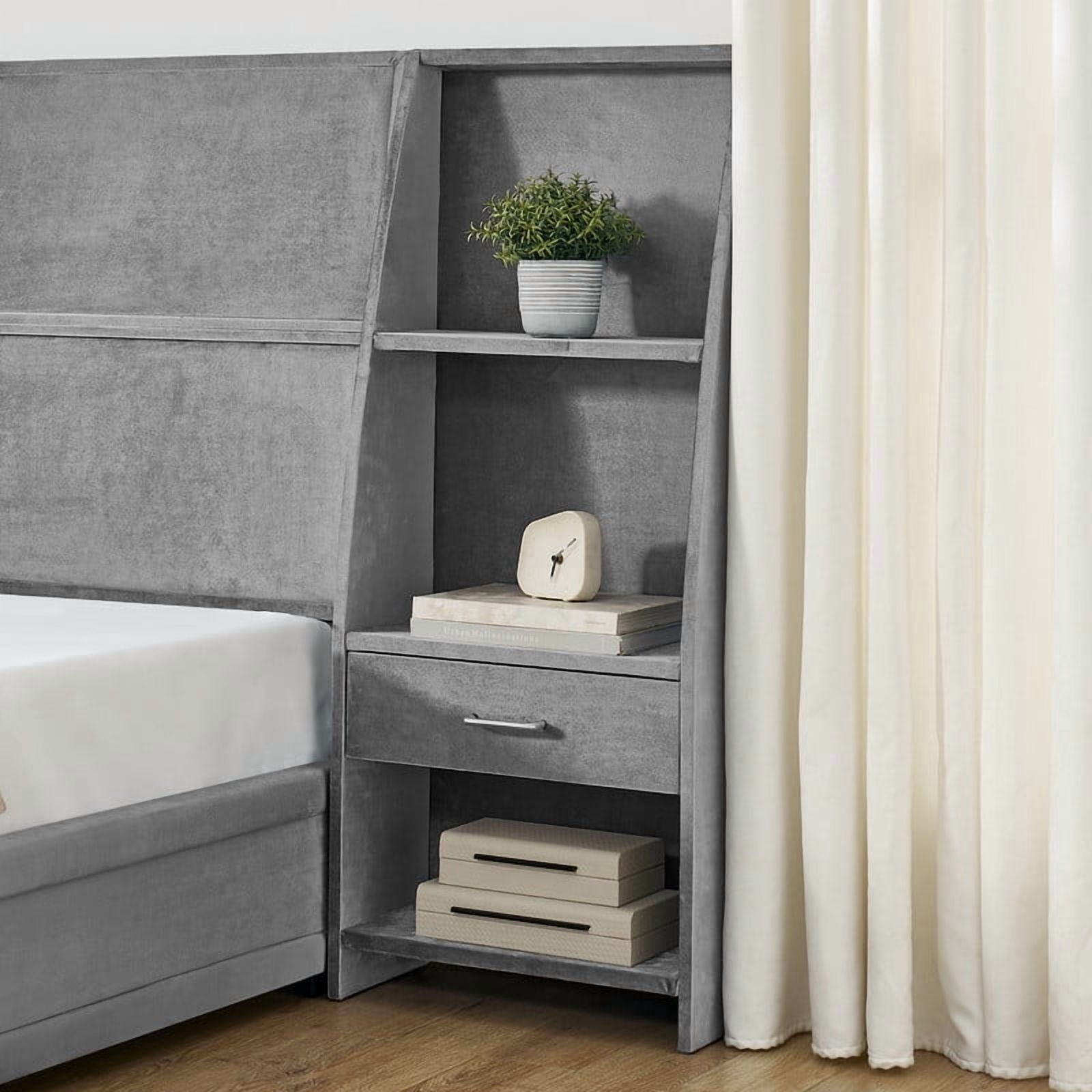 Queen/King Size Modern Upholstered Platform Bed Frame, Velvet Storage Bed with Headboard, Side Bookcases & Drawers Nightstand