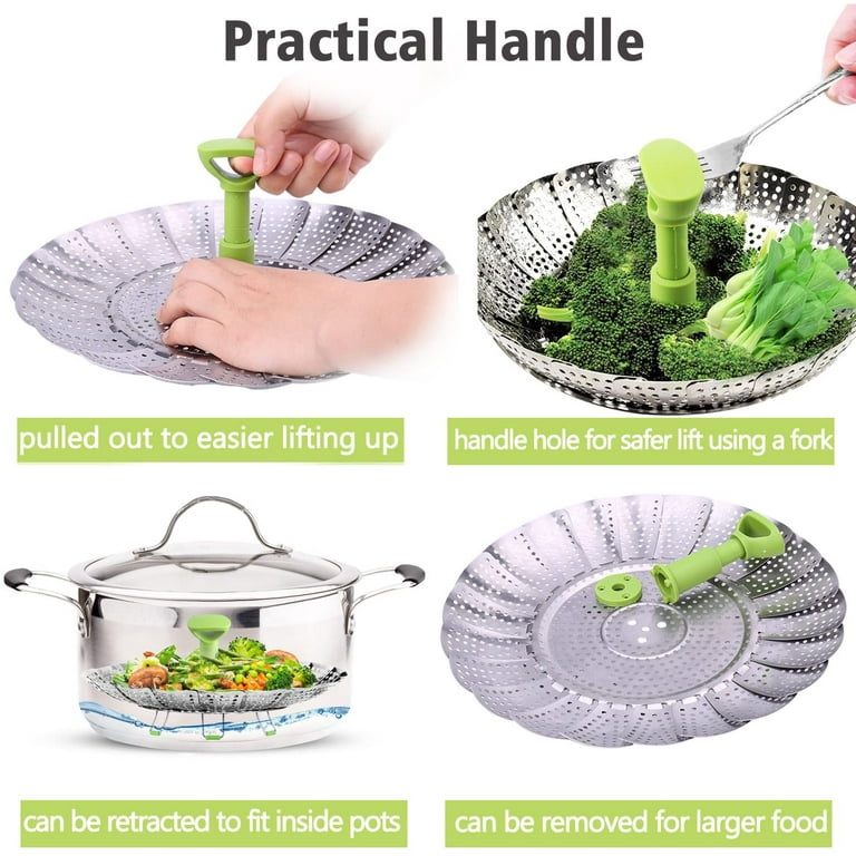 Consevisen Steamer Basket Stainless Steel Vegetable Steamer Basket Folding Steamer Insert for Veggie Fish Seafood Cooking, Expandable to Fit Various